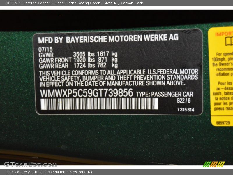 British Racing Green II Metallic / Carbon Black 2016 Mini Hardtop Cooper 2 Door