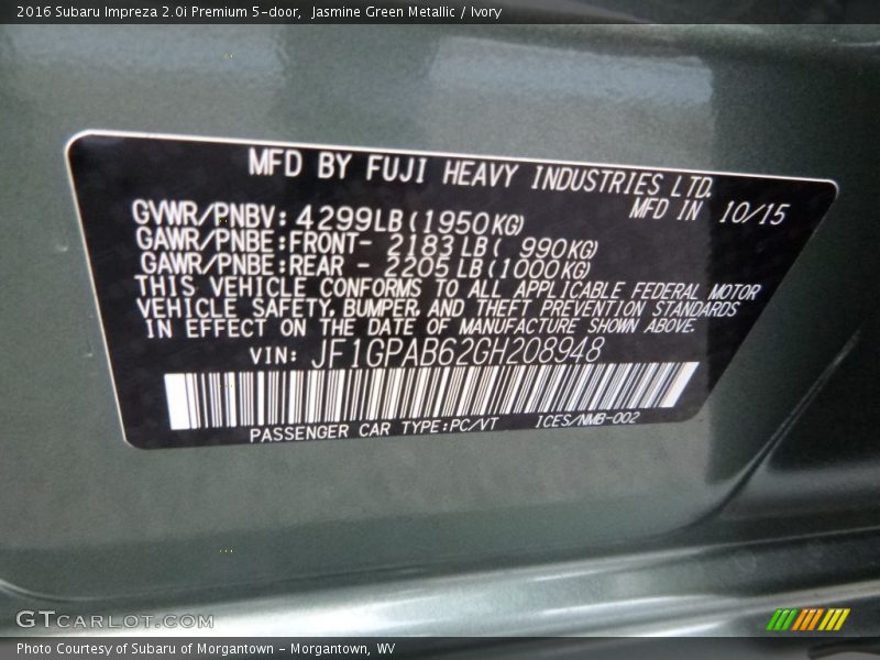 Jasmine Green Metallic / Ivory 2016 Subaru Impreza 2.0i Premium 5-door