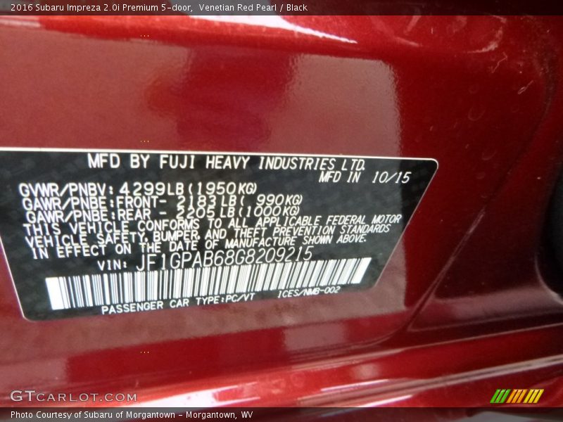 Venetian Red Pearl / Black 2016 Subaru Impreza 2.0i Premium 5-door