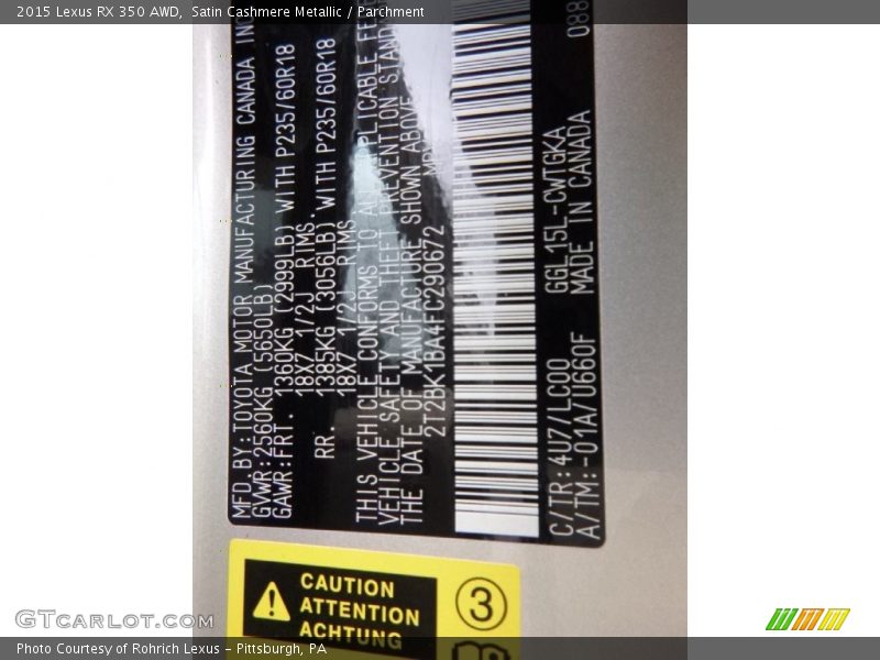 2015 RX 350 AWD Satin Cashmere Metallic Color Code 4U7