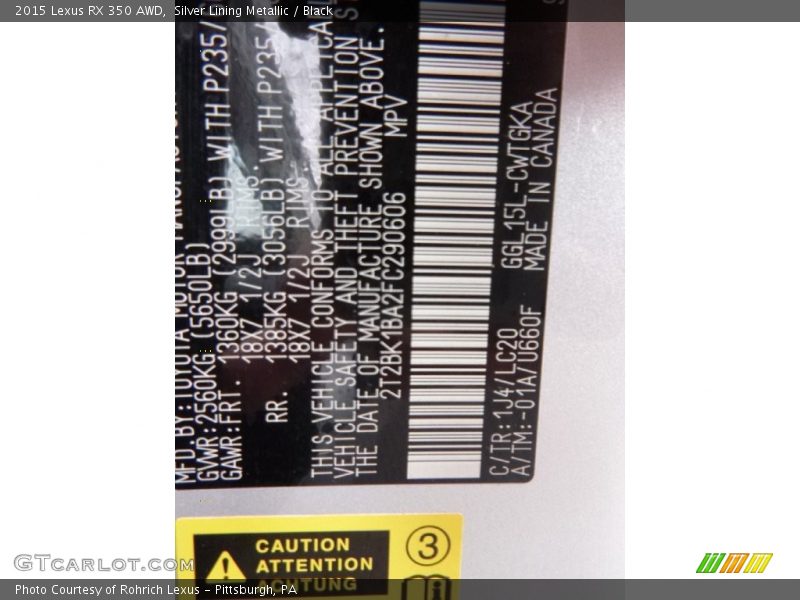 2015 RX 350 AWD Silver Lining Metallic Color Code 1J4