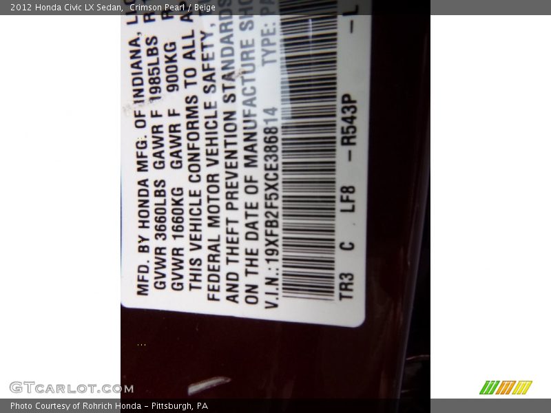 Crimson Pearl / Beige 2012 Honda Civic LX Sedan