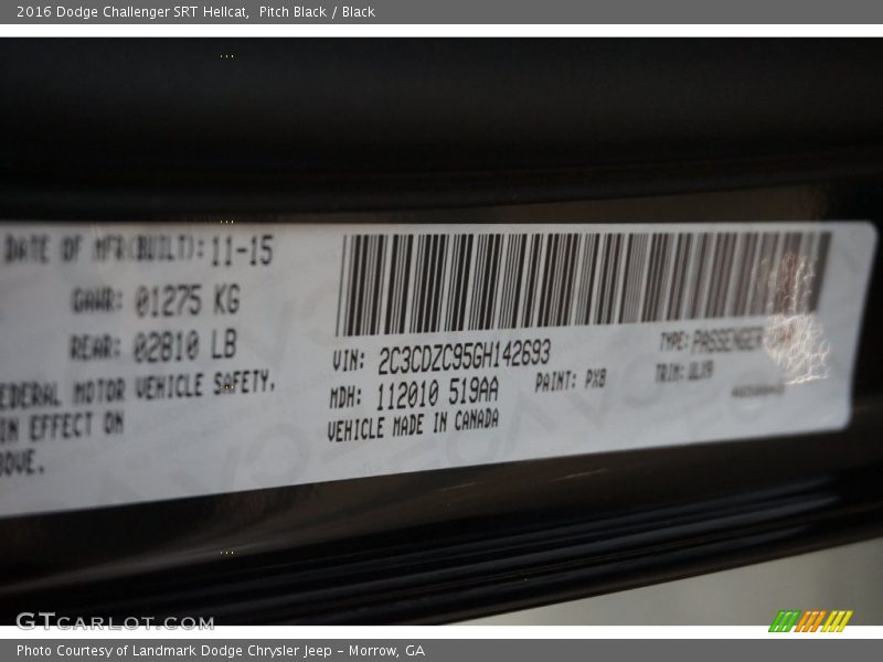2016 Challenger SRT Hellcat Pitch Black Color Code PX8