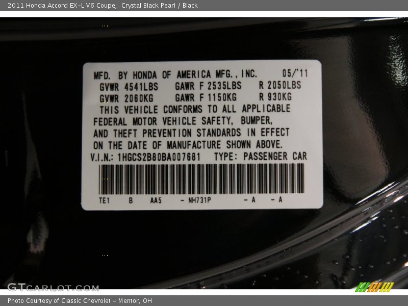 Crystal Black Pearl / Black 2011 Honda Accord EX-L V6 Coupe