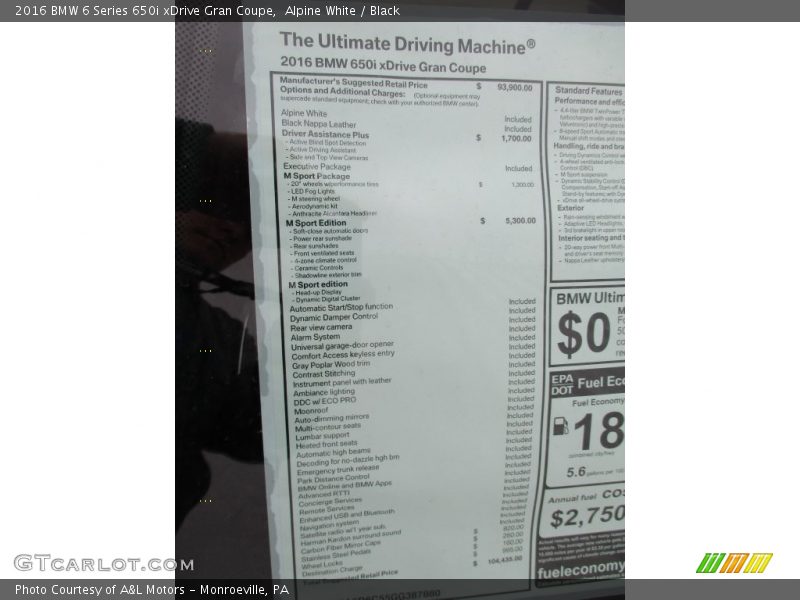  2016 6 Series 650i xDrive Gran Coupe Window Sticker