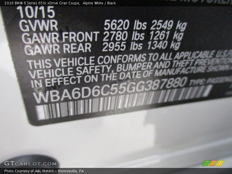 Alpine White / Black 2016 BMW 6 Series 650i xDrive Gran Coupe