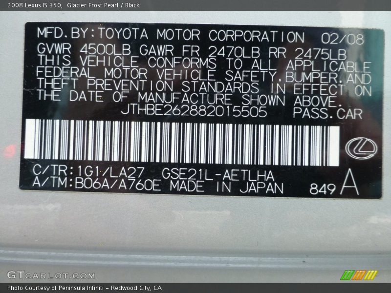 Glacier Frost Pearl / Black 2008 Lexus IS 350