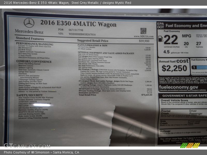  2016 E 350 4Matic Wagon Window Sticker