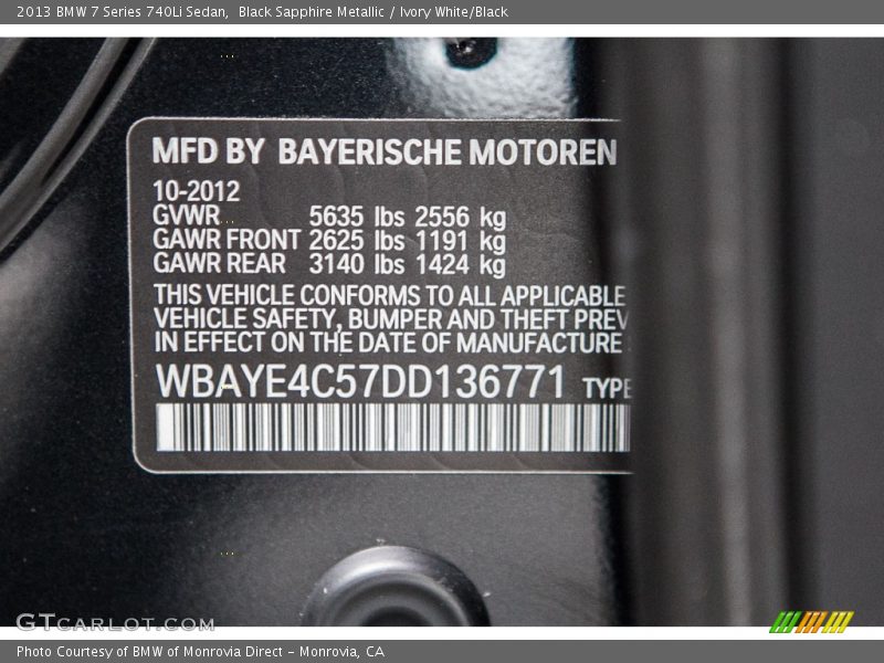 Black Sapphire Metallic / Ivory White/Black 2013 BMW 7 Series 740Li Sedan