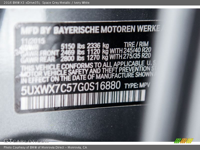 Space Grey Metallic / Ivory White 2016 BMW X3 xDrive35i