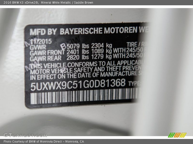 Mineral White Metallic / Saddle Brown 2016 BMW X3 xDrive28i