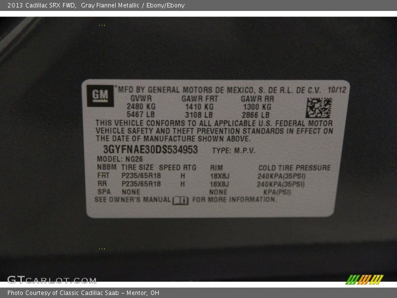 Gray Flannel Metallic / Ebony/Ebony 2013 Cadillac SRX FWD