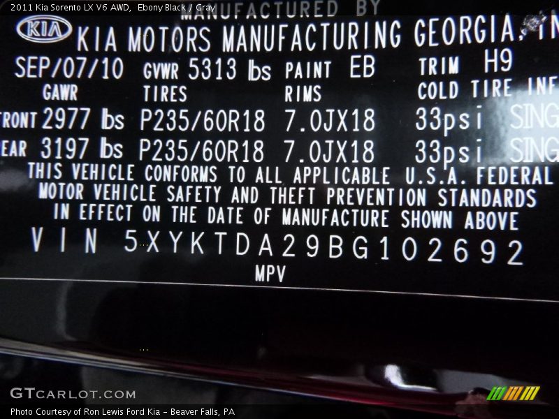 Ebony Black / Gray 2011 Kia Sorento LX V6 AWD