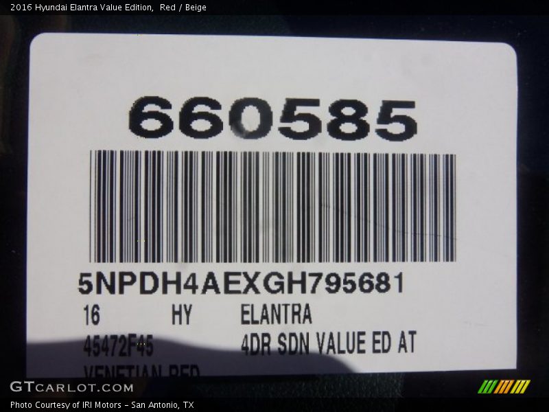 Red / Beige 2016 Hyundai Elantra Value Edition