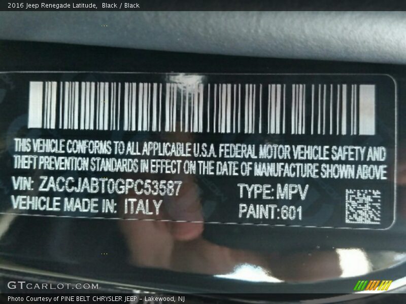 2016 Renegade Latitude Black Color Code 601