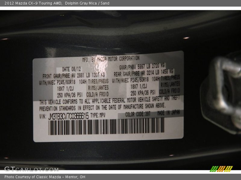 Dolphin Gray Mica / Sand 2012 Mazda CX-9 Touring AWD
