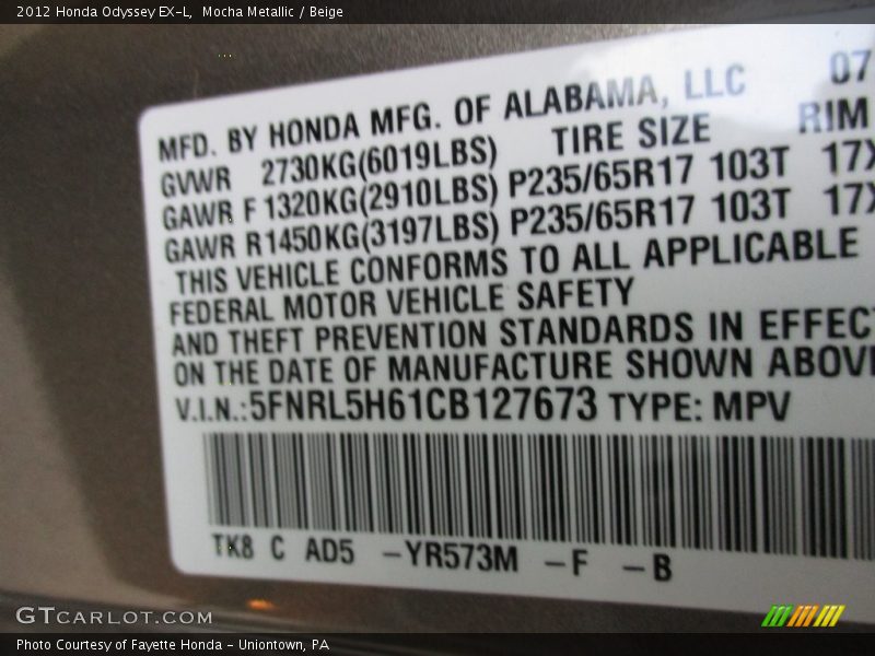 Mocha Metallic / Beige 2012 Honda Odyssey EX-L