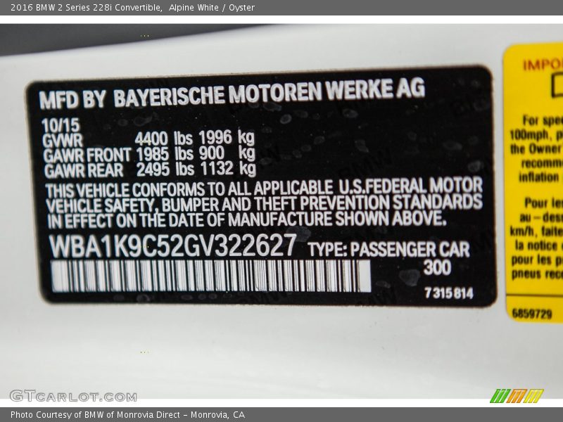 2016 2 Series 228i Convertible Alpine White Color Code 300