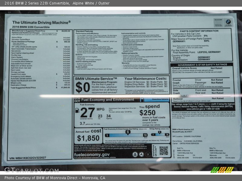  2016 2 Series 228i Convertible Window Sticker
