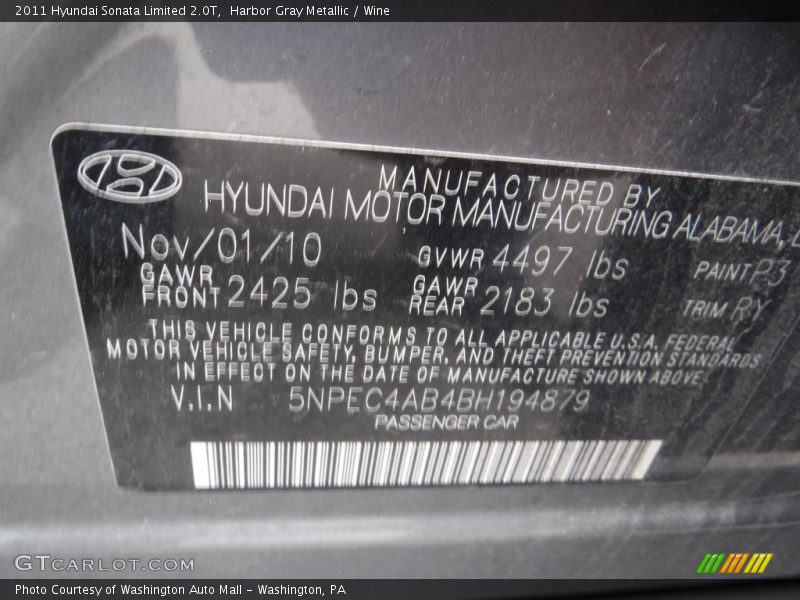 Harbor Gray Metallic / Wine 2011 Hyundai Sonata Limited 2.0T