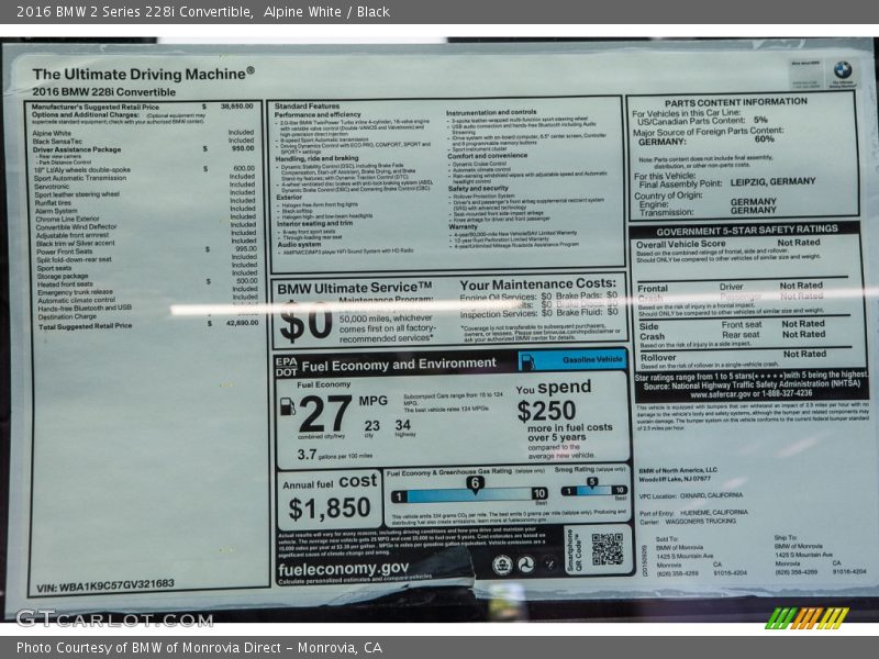  2016 2 Series 228i Convertible Window Sticker