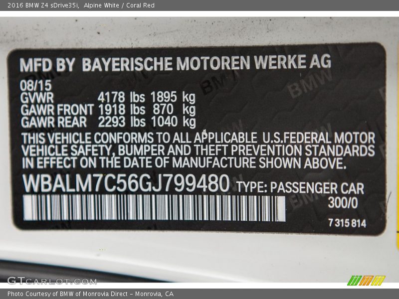 2016 Z4 sDrive35i Alpine White Color Code 300
