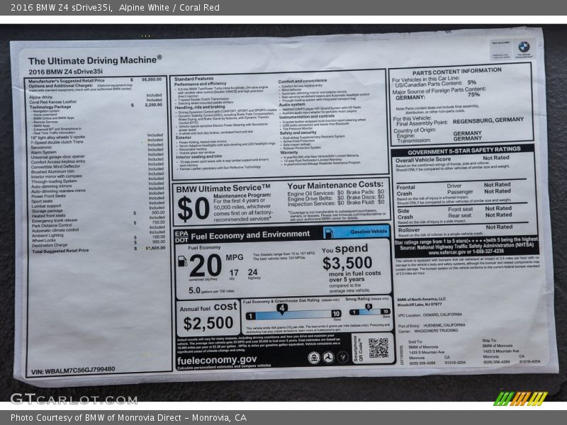  2016 Z4 sDrive35i Window Sticker