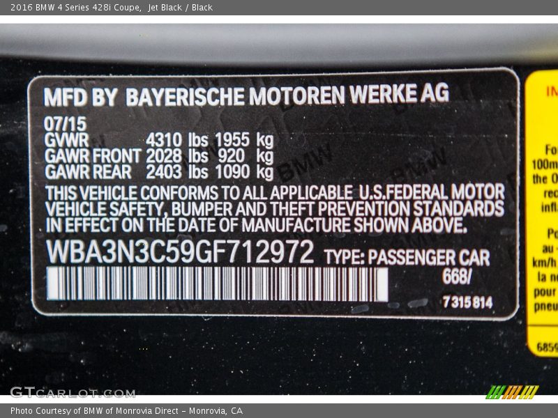 Jet Black / Black 2016 BMW 4 Series 428i Coupe