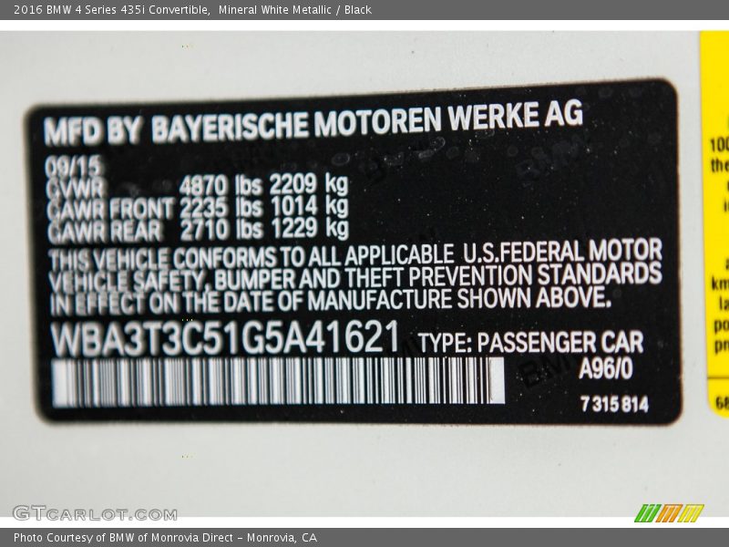 2016 4 Series 435i Convertible Mineral White Metallic Color Code A96