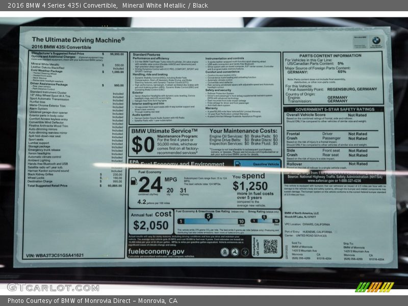  2016 4 Series 435i Convertible Window Sticker