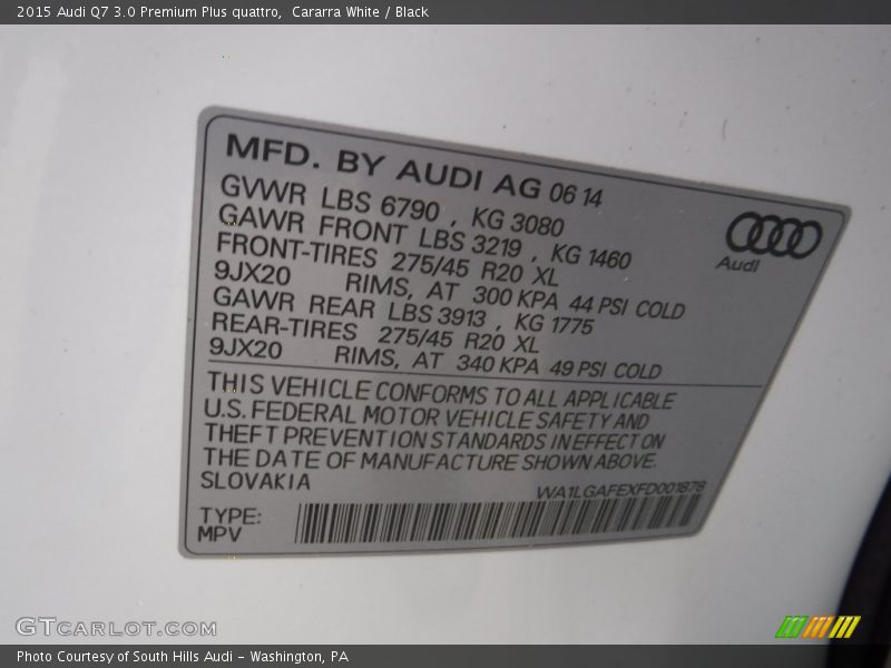 Cararra White / Black 2015 Audi Q7 3.0 Premium Plus quattro