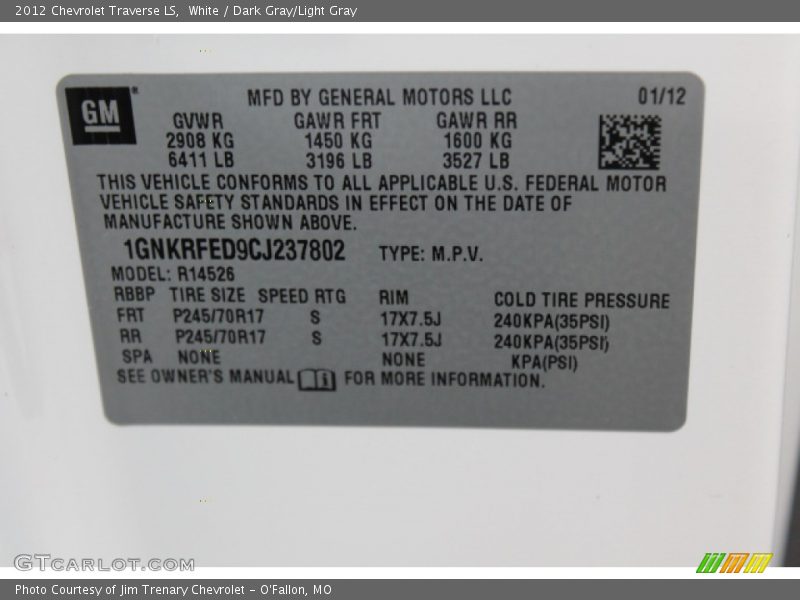 White / Dark Gray/Light Gray 2012 Chevrolet Traverse LS