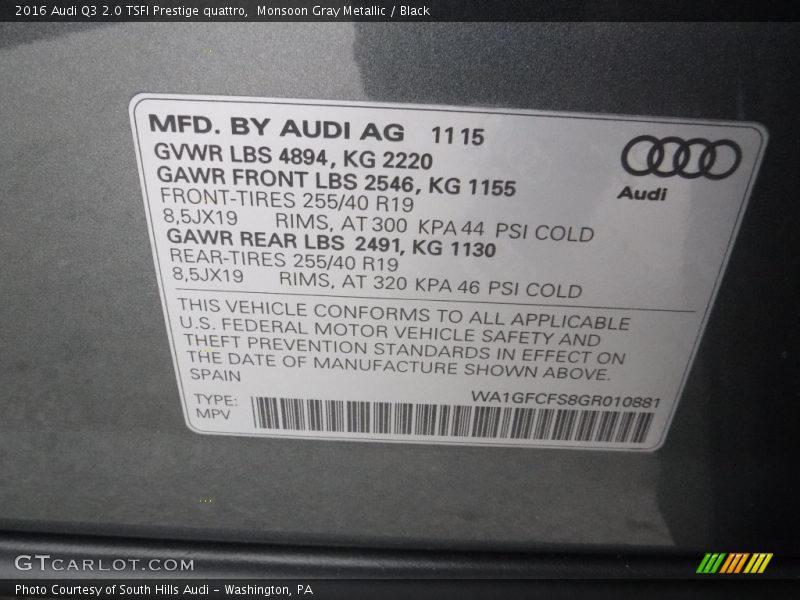 Monsoon Gray Metallic / Black 2016 Audi Q3 2.0 TSFI Prestige quattro