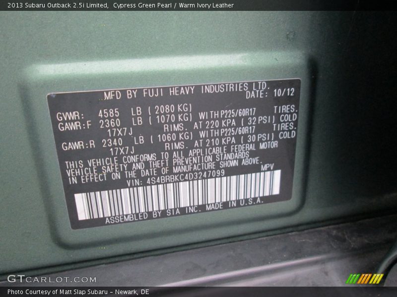 Cypress Green Pearl / Warm Ivory Leather 2013 Subaru Outback 2.5i Limited