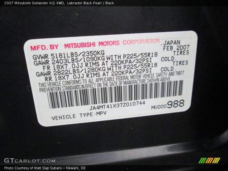 Labrador Black Pearl / Black 2007 Mitsubishi Outlander XLS 4WD