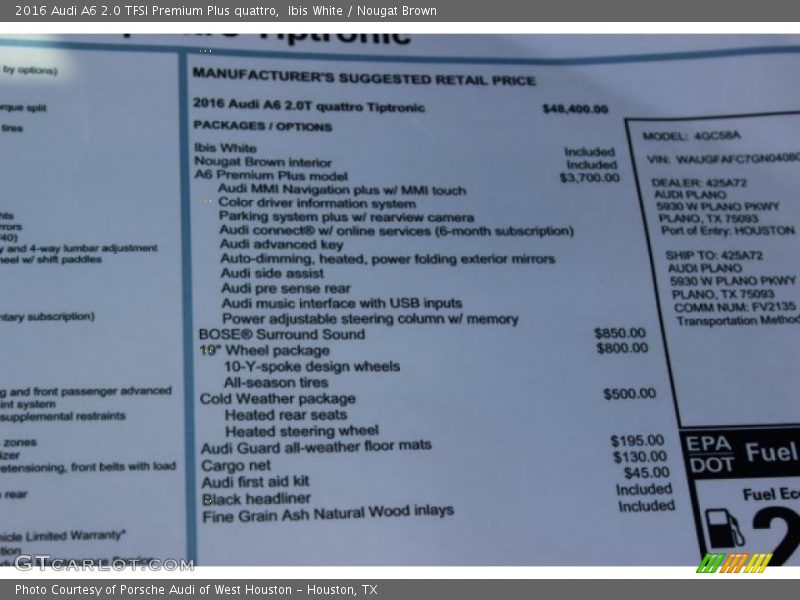 Ibis White / Nougat Brown 2016 Audi A6 2.0 TFSI Premium Plus quattro
