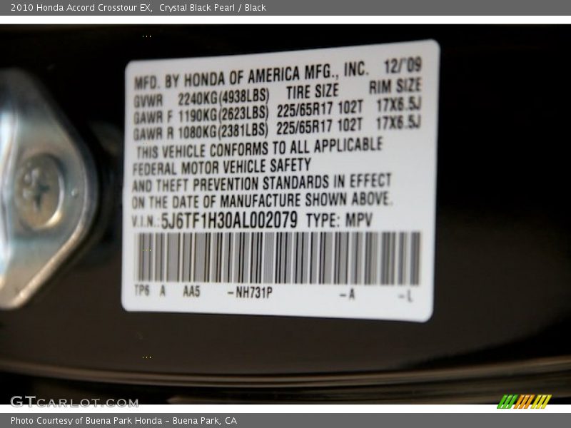 Crystal Black Pearl / Black 2010 Honda Accord Crosstour EX