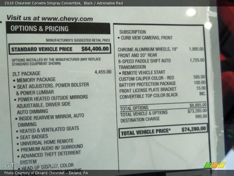  2016 Corvette Stingray Convertible Window Sticker