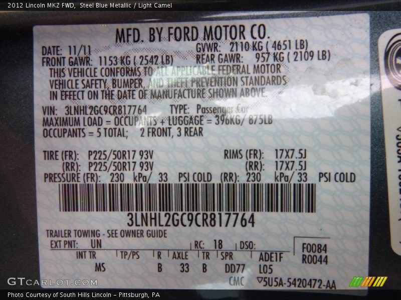 Steel Blue Metallic / Light Camel 2012 Lincoln MKZ FWD