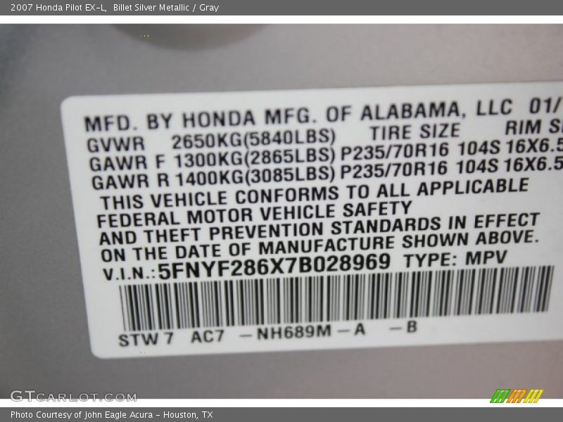 Billet Silver Metallic / Gray 2007 Honda Pilot EX-L