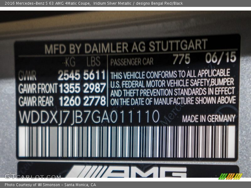 2016 S 63 AMG 4Matic Coupe Iridium Silver Metallic Color Code 775
