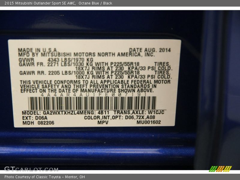 Octane Blue / Black 2015 Mitsubishi Outlander Sport SE AWC
