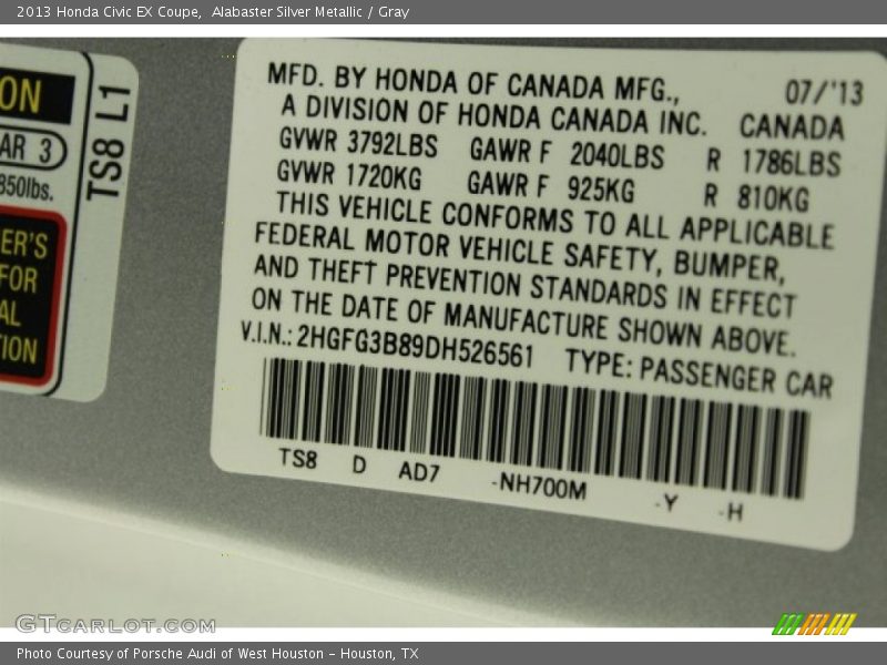 Alabaster Silver Metallic / Gray 2013 Honda Civic EX Coupe