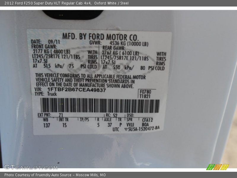 Oxford White / Steel 2012 Ford F250 Super Duty XLT Regular Cab 4x4