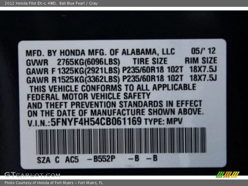 Bali Blue Pearl / Gray 2012 Honda Pilot EX-L 4WD