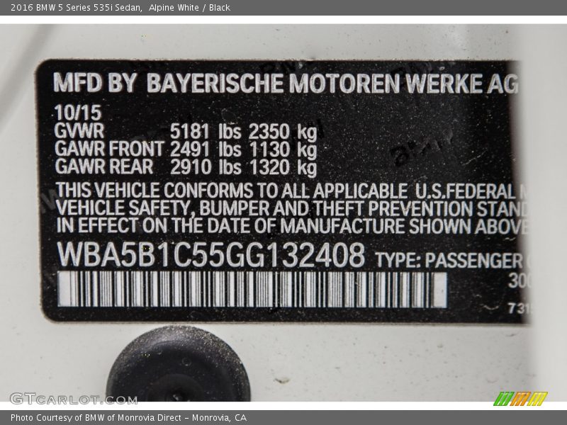 Alpine White / Black 2016 BMW 5 Series 535i Sedan