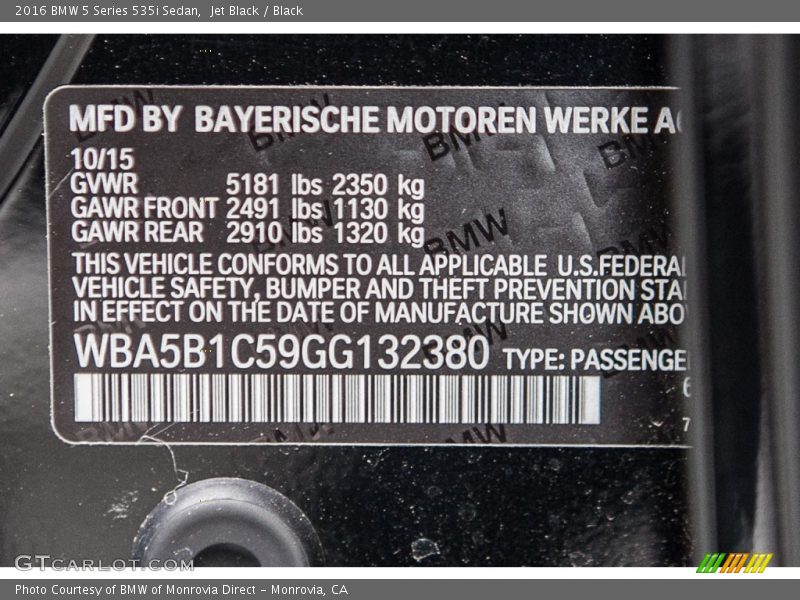 Jet Black / Black 2016 BMW 5 Series 535i Sedan