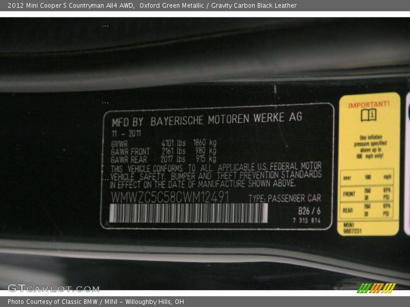 Oxford Green Metallic / Gravity Carbon Black Leather 2012 Mini Cooper S Countryman All4 AWD