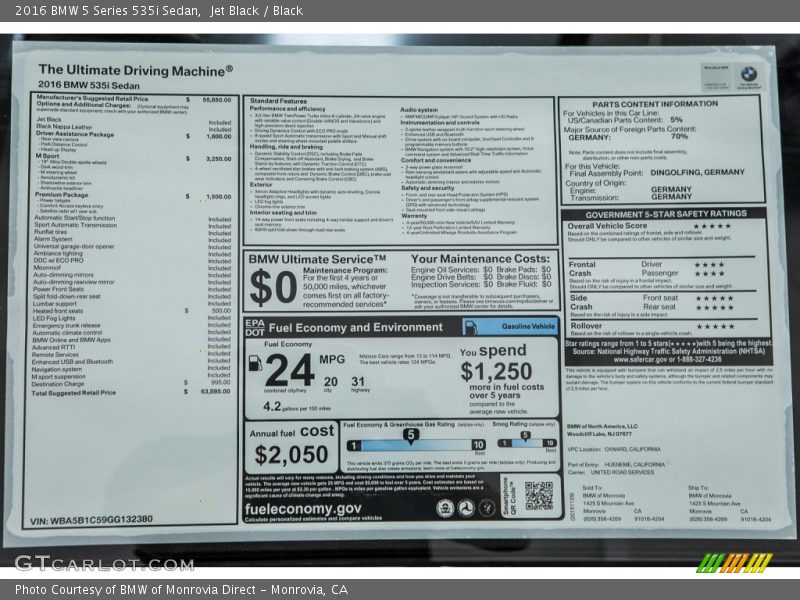 Jet Black / Black 2016 BMW 5 Series 535i Sedan
