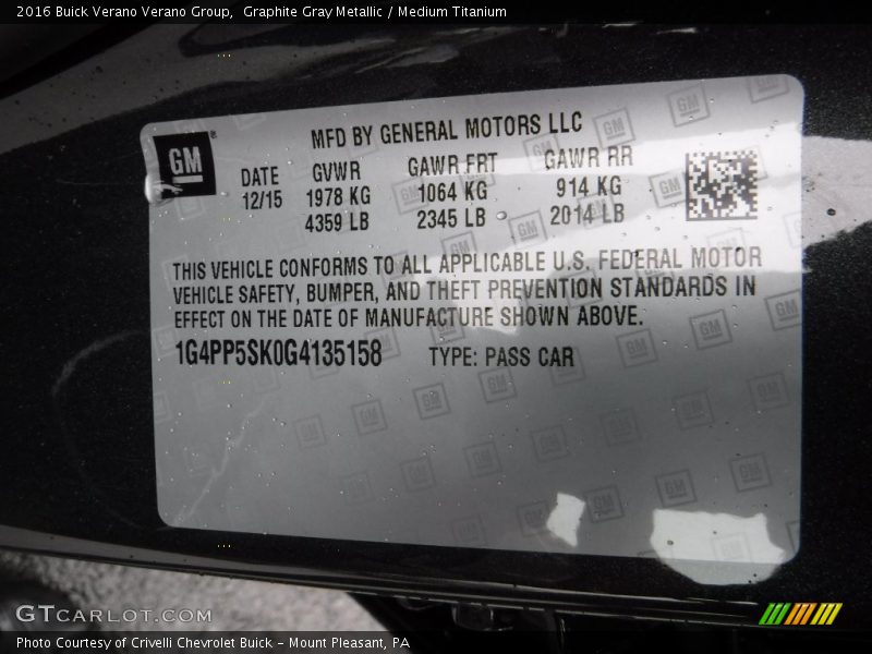 Graphite Gray Metallic / Medium Titanium 2016 Buick Verano Verano Group